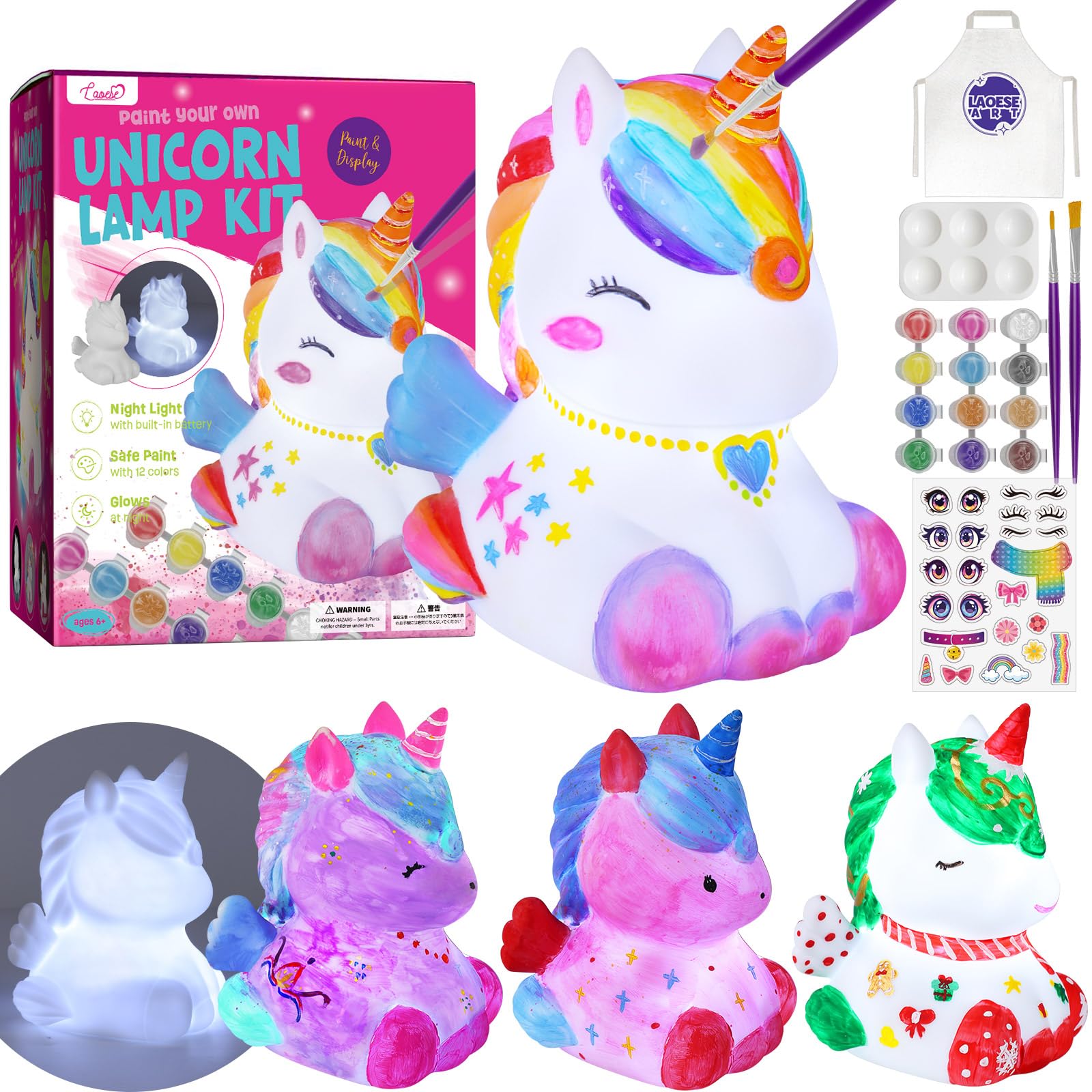 LAOESE Paint Your Own Unicorn Lamp Kit - Craft Kit for Kids Ages 3-12+ with 12 Paints, Brushes, Apron