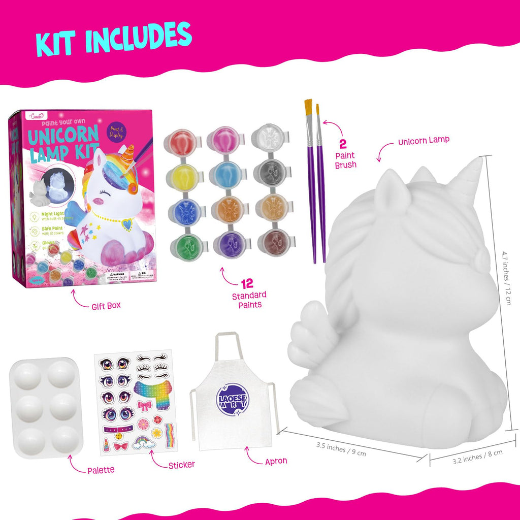 LAOESE Paint Your Own Unicorn Lamp Kit - Craft Kit for Kids Ages 3-12+ with 12 Paints, Brushes, Apron