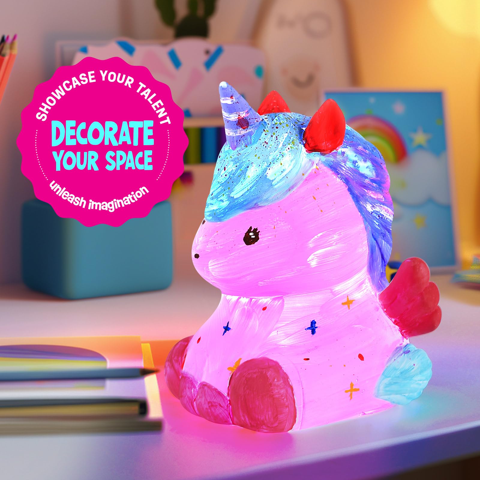 LAOESE Paint Your Own Unicorn Lamp Kit - Craft Kit for Kids Ages 3-12+ with 12 Paints, Brushes, Apron