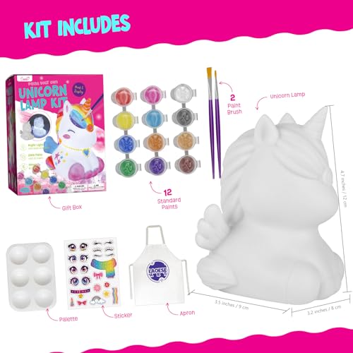 LAOESE Paint Your Own Unicorn Lamp Kit - Craft Kit for Kids Ages 3-12+ with 12 Paints, Brushes, Apron