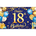 Large Blue and Gold 18th Birthday Banner - Cloth Fabric, 72x44 Inch Reusable Backdrop by KatchOn