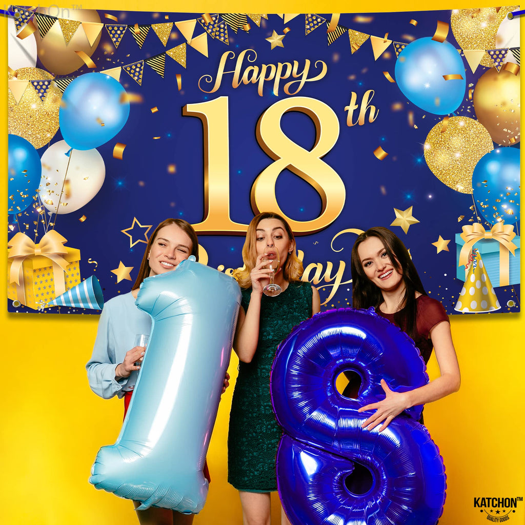 Large Blue and Gold 18th Birthday Banner - Cloth Fabric, 72x44 Inch Reusable Backdrop by KatchOn