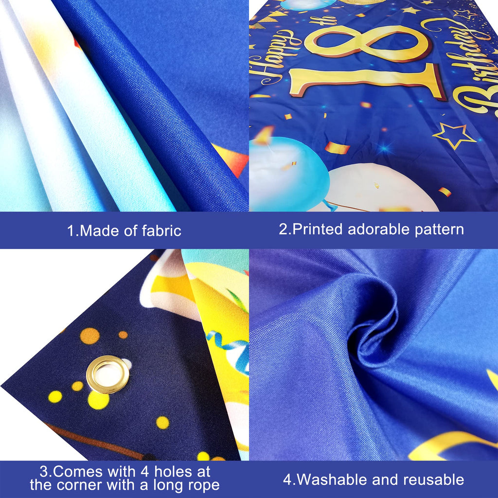 Large Blue and Gold 18th Birthday Banner - Cloth Fabric, 72x44 Inch Reusable Backdrop by KatchOn