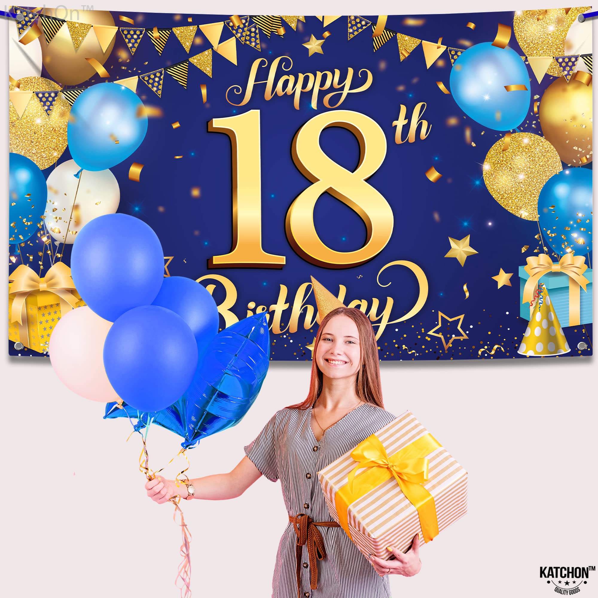 Large Blue and Gold 18th Birthday Banner - Cloth Fabric, 72x44 Inch Reusable Backdrop by KatchOn