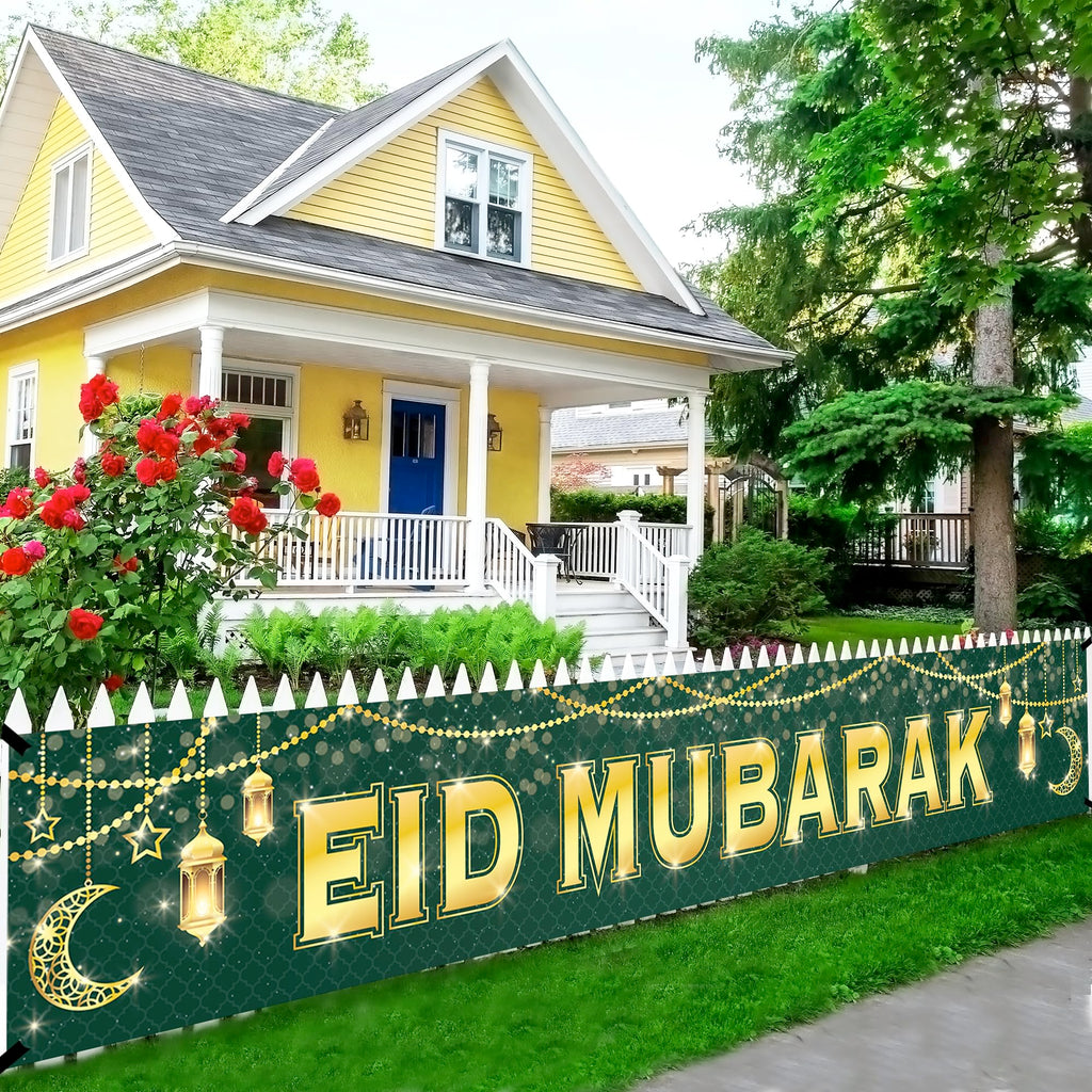Large Eid Mubarak Banner 120x20 Inch Green Gold Design – KatchOn Reusable Cloth Banner for Eid al-Fitr & al-Adha Decorations
