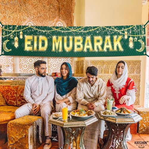 Large Eid Mubarak Banner 120x20 Inch Green Gold Design – KatchOn Reusable Cloth Banner for Eid al-Fitr & al-Adha Decorations