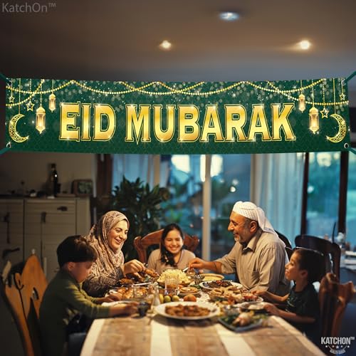 Large Eid Mubarak Banner 120x20 Inch Green Gold Design – KatchOn Reusable Cloth Banner for Eid al-Fitr & al-Adha Decorations