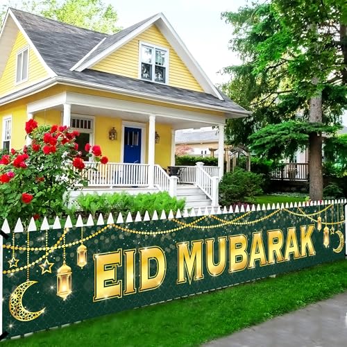 Large Eid Mubarak Banner 120x20 Inch Green Gold Design – KatchOn Reusable Cloth Banner for Eid al-Fitr & al-Adha Decorations