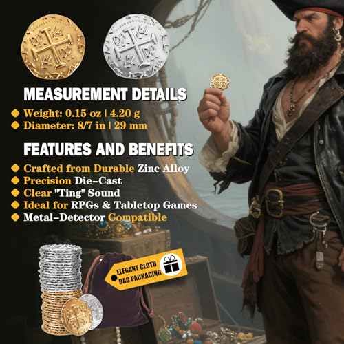Large Metal Pirate Coins 36-Piece Set – Gold & Silver Spanish Doubloon Replicas for Board Games, Cosplay, and Treasure Chests