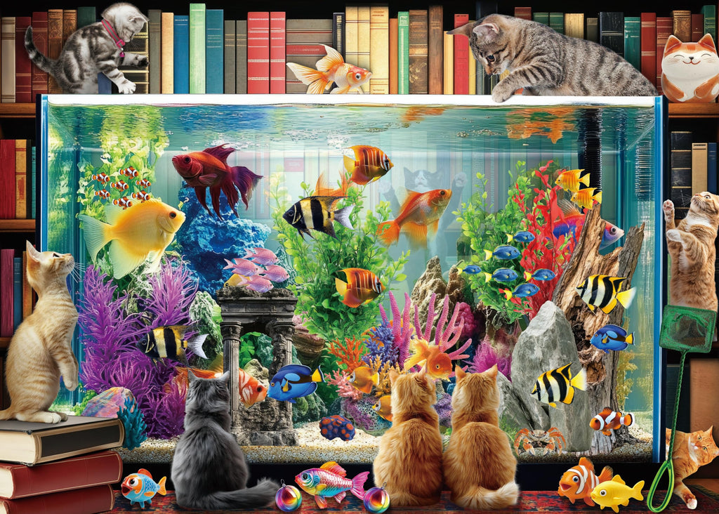 Larkipuzz 1000-Piece Cat Fish Jigsaw Puzzle – Vintage Bookshelf Aesthetic for Adults