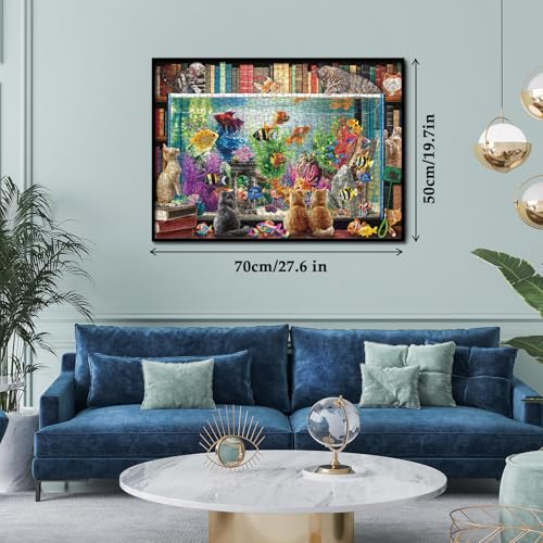 Larkipuzz 1000-Piece Cat Fish Jigsaw Puzzle – Vintage Bookshelf Aesthetic for Adults