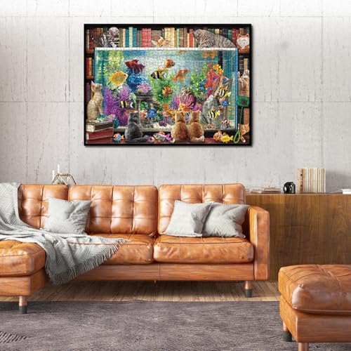 Larkipuzz 1000-Piece Cat Fish Jigsaw Puzzle – Vintage Bookshelf Aesthetic for Adults