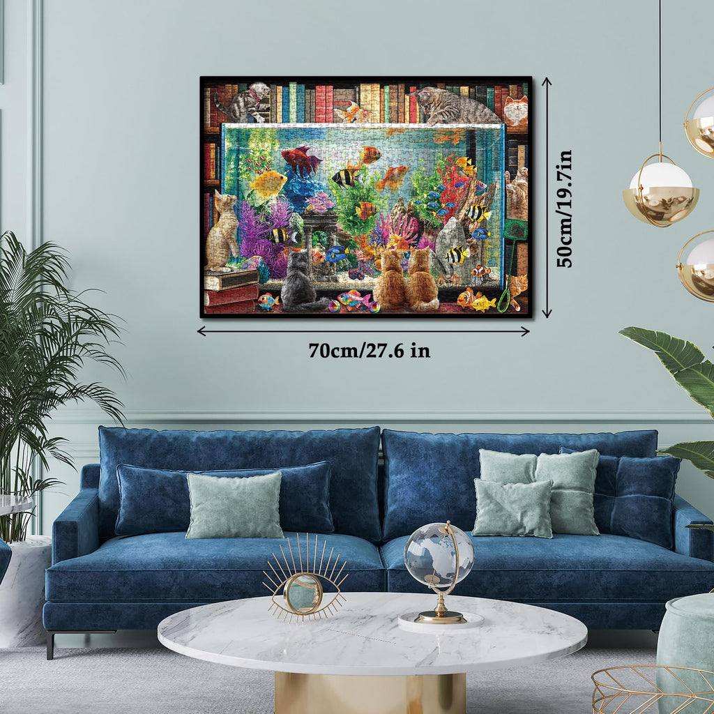 Larkipuzz 1000-Piece Cat Fish Jigsaw Puzzle – Vintage Bookshelf Aesthetic for Adults