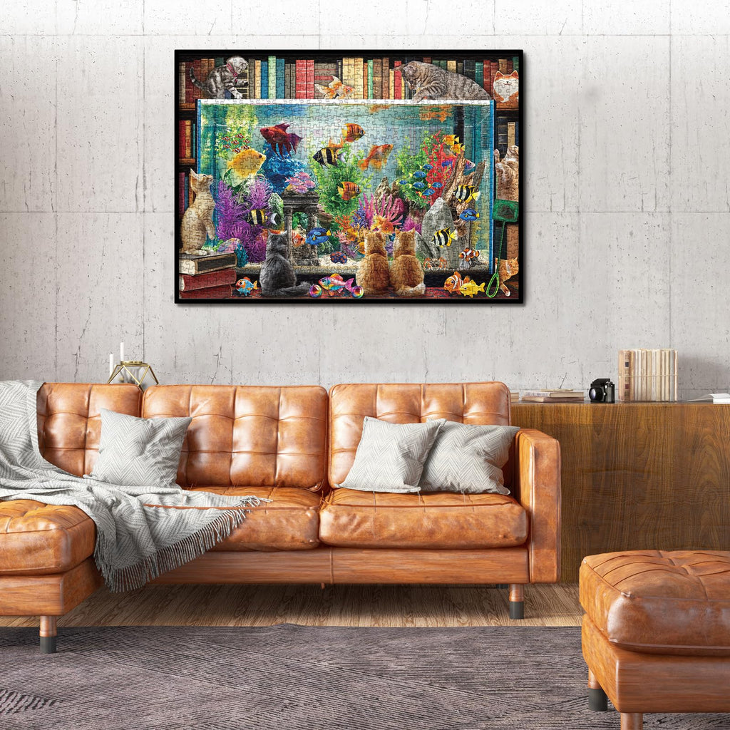 Larkipuzz 1000-Piece Cat Fish Jigsaw Puzzle – Vintage Bookshelf Aesthetic for Adults