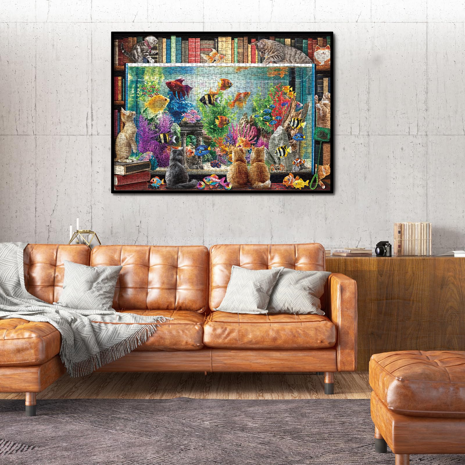 Larkipuzz 1000-Piece Cat Fish Jigsaw Puzzle – Vintage Bookshelf Aesthetic for Adults