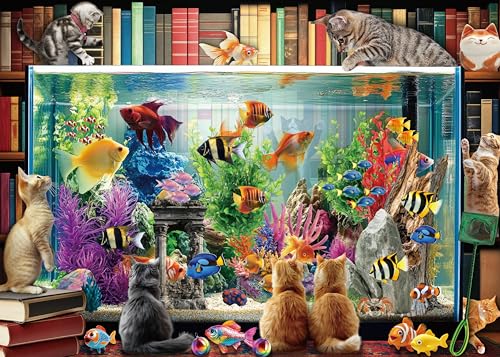 Larkipuzz 1000-Piece Cat Fish Jigsaw Puzzle – Vintage Bookshelf Aesthetic for Adults