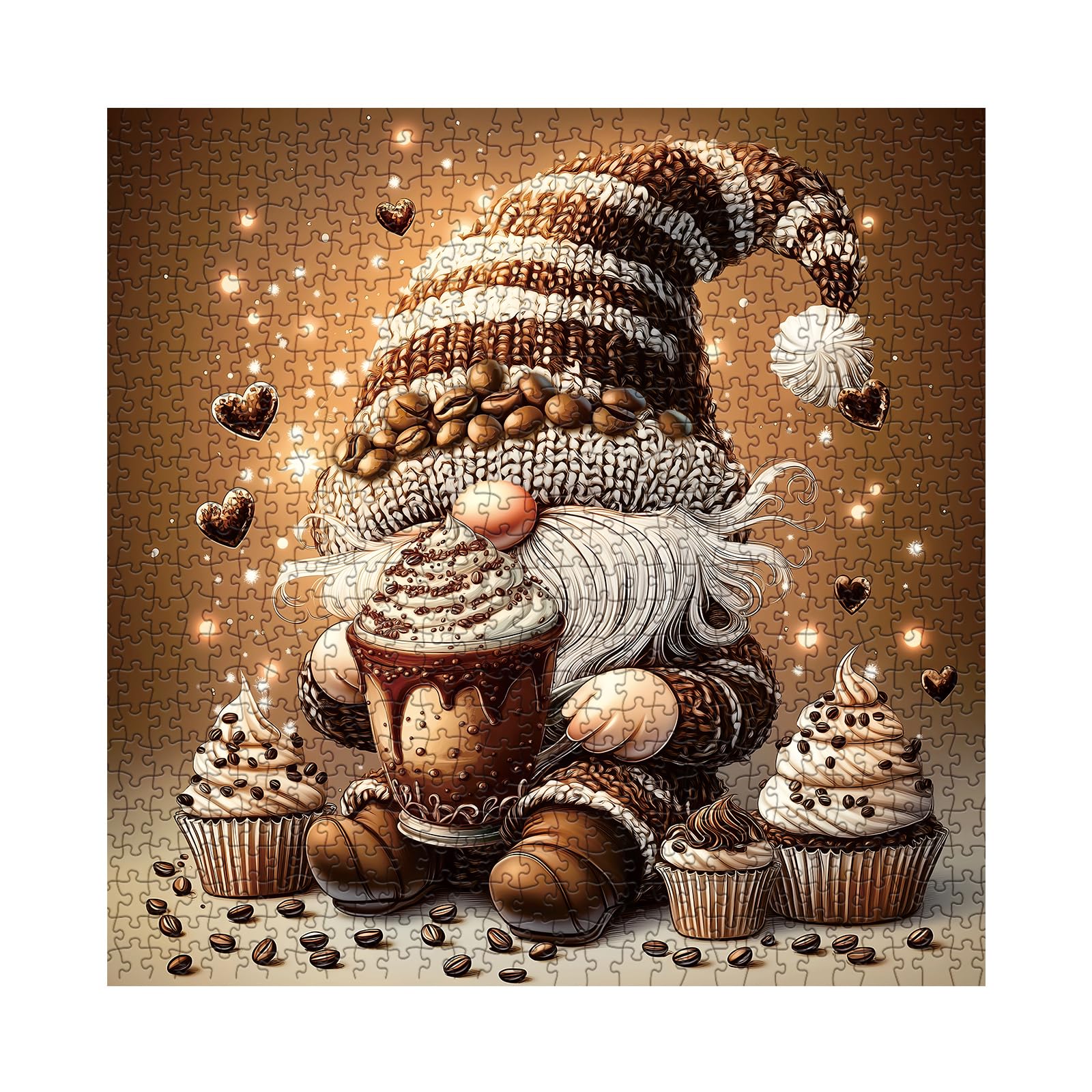 Larkipuzz Funny Gnome Coffee 1000-Piece Jigsaw Puzzle – Whimsical Art Elf with Cupcakes and Latte Art