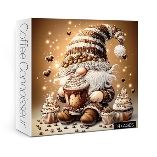 Larkipuzz Funny Gnome Coffee 1000-Piece Jigsaw Puzzle – Whimsical Art Elf with Cupcakes and Latte Art