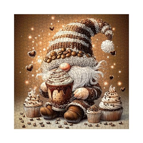 Larkipuzz Funny Gnome Coffee 1000-Piece Jigsaw Puzzle – Whimsical Art Elf with Cupcakes and Latte Art