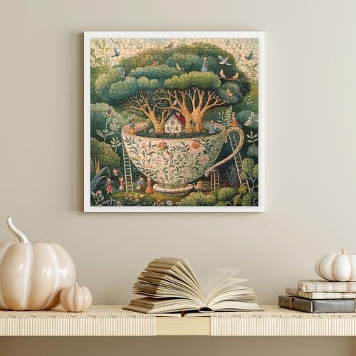 Larkipuzz Teacup Enchanted Garden 1000 Piece Jigsaw Puzzle for Adults – Magic Bird House Nature Art with Lettered Pieces