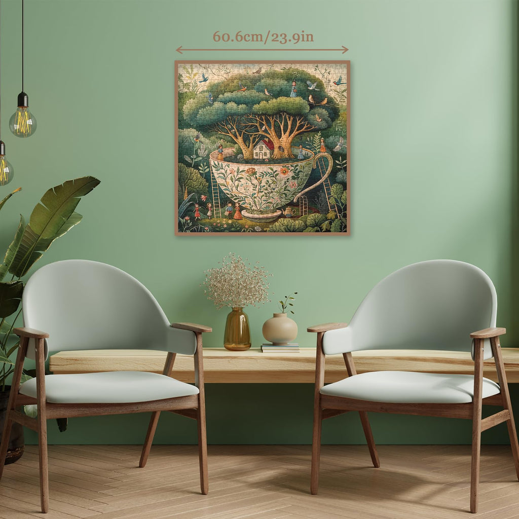 Larkipuzz Teacup Enchanted Garden 1000 Piece Jigsaw Puzzle for Adults – Magic Bird House Nature Art with Lettered Pieces
