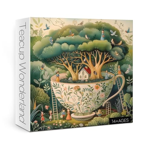 Larkipuzz Teacup Enchanted Garden 1000 Piece Jigsaw Puzzle for Adults – Magic Bird House Nature Art with Lettered Pieces
