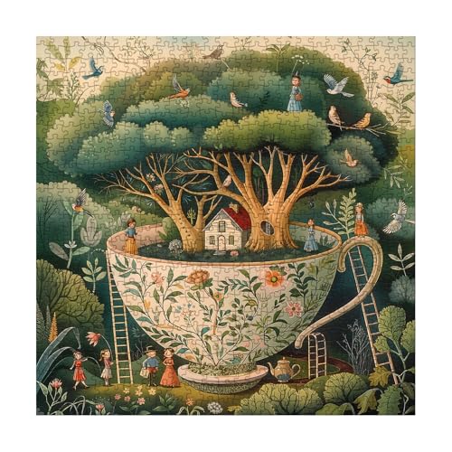 Larkipuzz Teacup Enchanted Garden 1000 Piece Jigsaw Puzzle for Adults – Magic Bird House Nature Art with Lettered Pieces