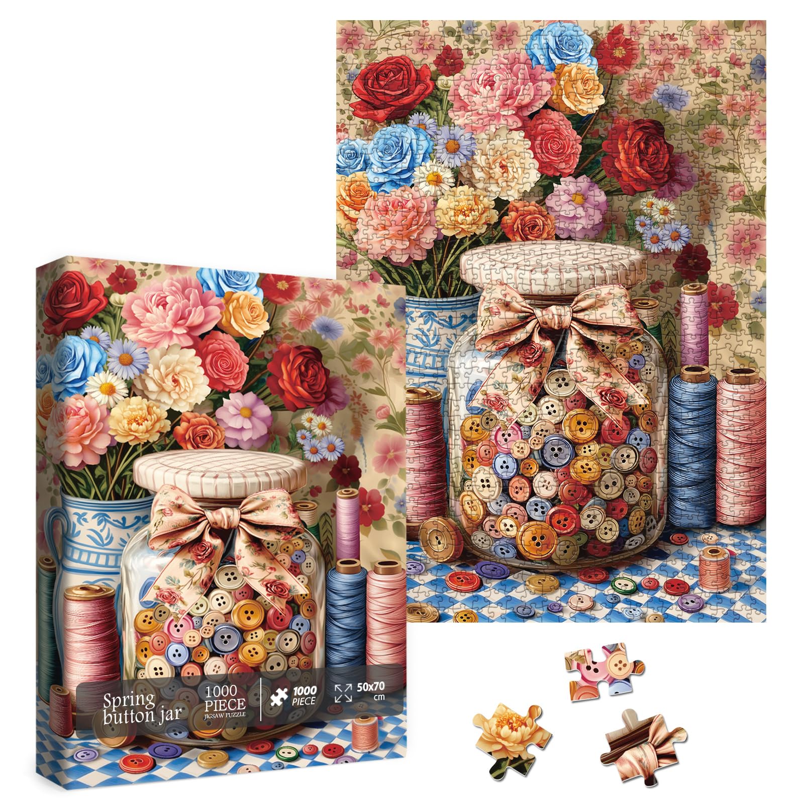 Larkipuzz Vintage Flower 1000 Piece Puzzle – Colorful Button Floral Jigsaw for Adults
