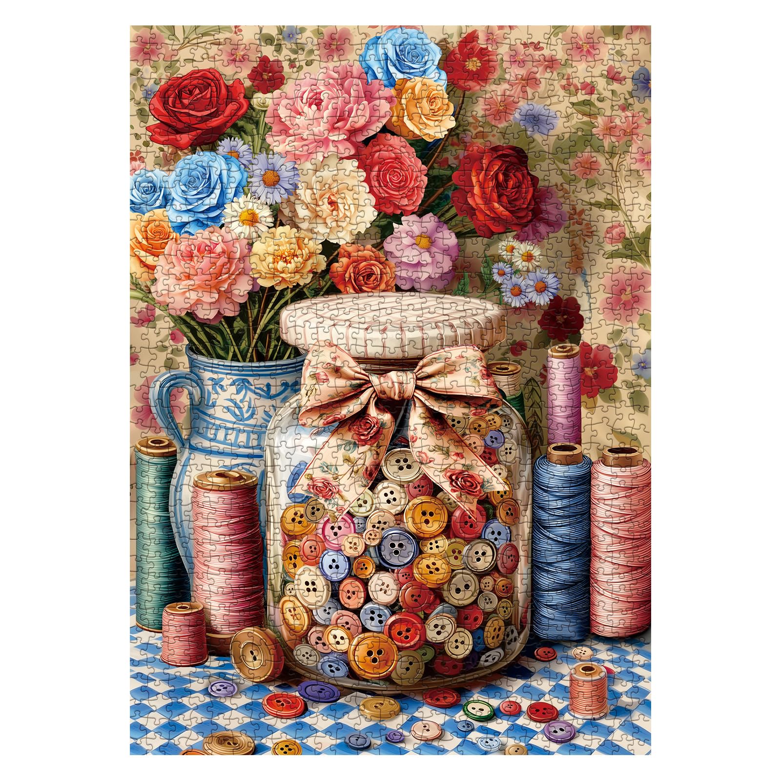 Larkipuzz Vintage Flower 1000 Piece Puzzle – Colorful Button Floral Jigsaw for Adults