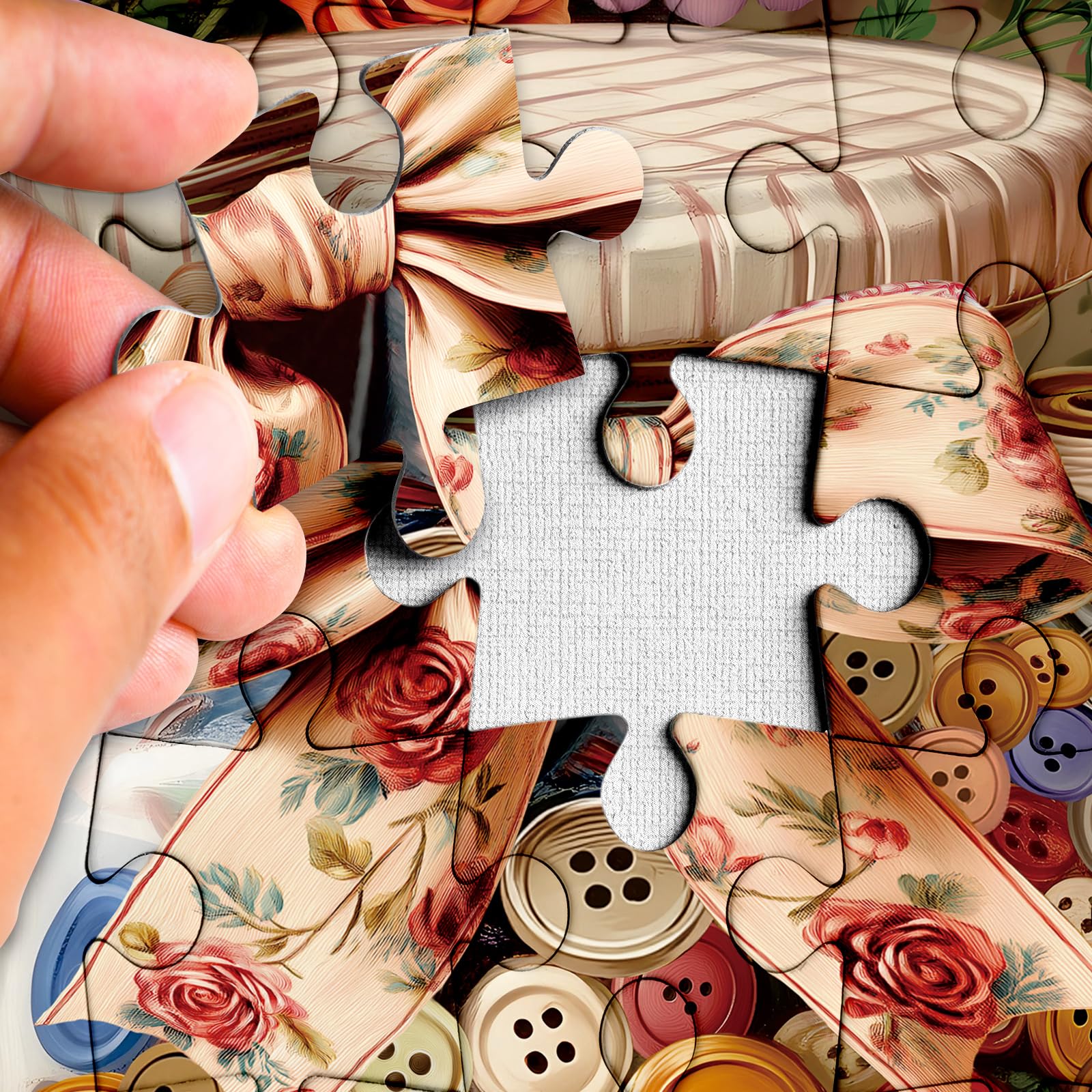 Larkipuzz Vintage Flower 1000 Piece Puzzle – Colorful Button Floral Jigsaw for Adults