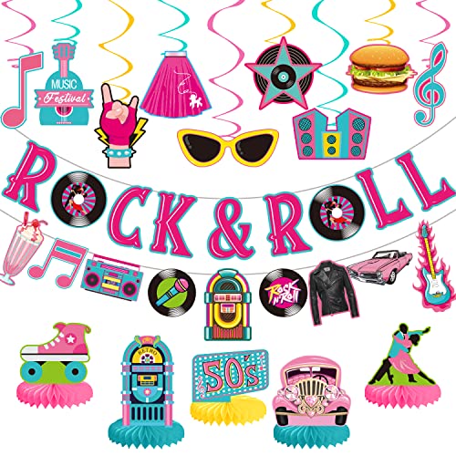 LARRAZABAL 50's Party Decorations Set – Rock and Roll Banner, Foil Swirls & Honeycomb Centerpieces for Retro 1950s Theme