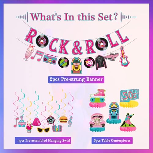 LARRAZABAL 50's Party Decorations Set – Rock and Roll Banner, Foil Swirls & Honeycomb Centerpieces for Retro 1950s Theme