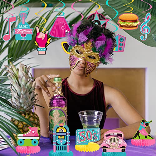 LARRAZABAL 50's Party Decorations Set – Rock and Roll Banner, Foil Swirls & Honeycomb Centerpieces for Retro 1950s Theme