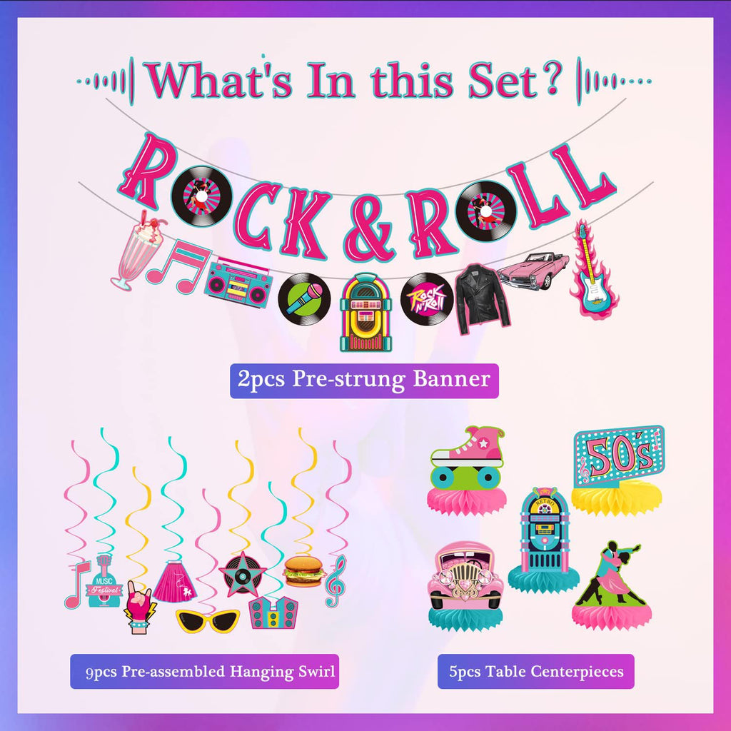 LARRAZABAL 50's Party Decorations Set – Rock and Roll Banner, Foil Swirls & Honeycomb Centerpieces for Retro 1950s Theme