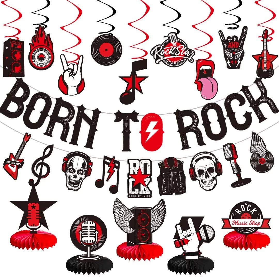 LARRAZABAL Rock and Roll Party Decorations Set - 25 Pieces with Born to Rock Banner, Foil Swirls & Honeycomb Centerpieces for Music-Themed Celebrations