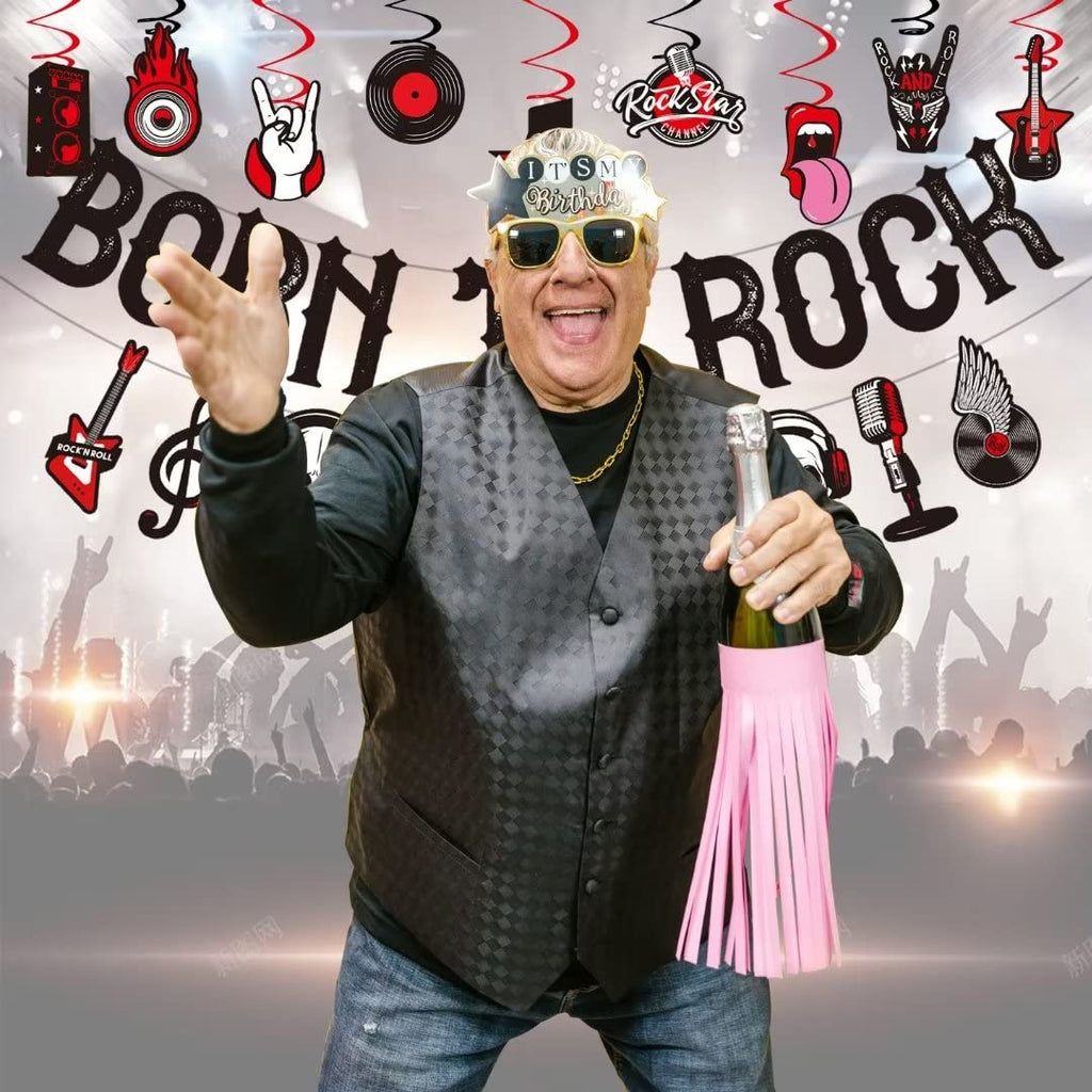 LARRAZABAL Rock and Roll Party Decorations Set - 25 Pieces with Born to Rock Banner, Foil Swirls & Honeycomb Centerpieces for Music-Themed Celebrations