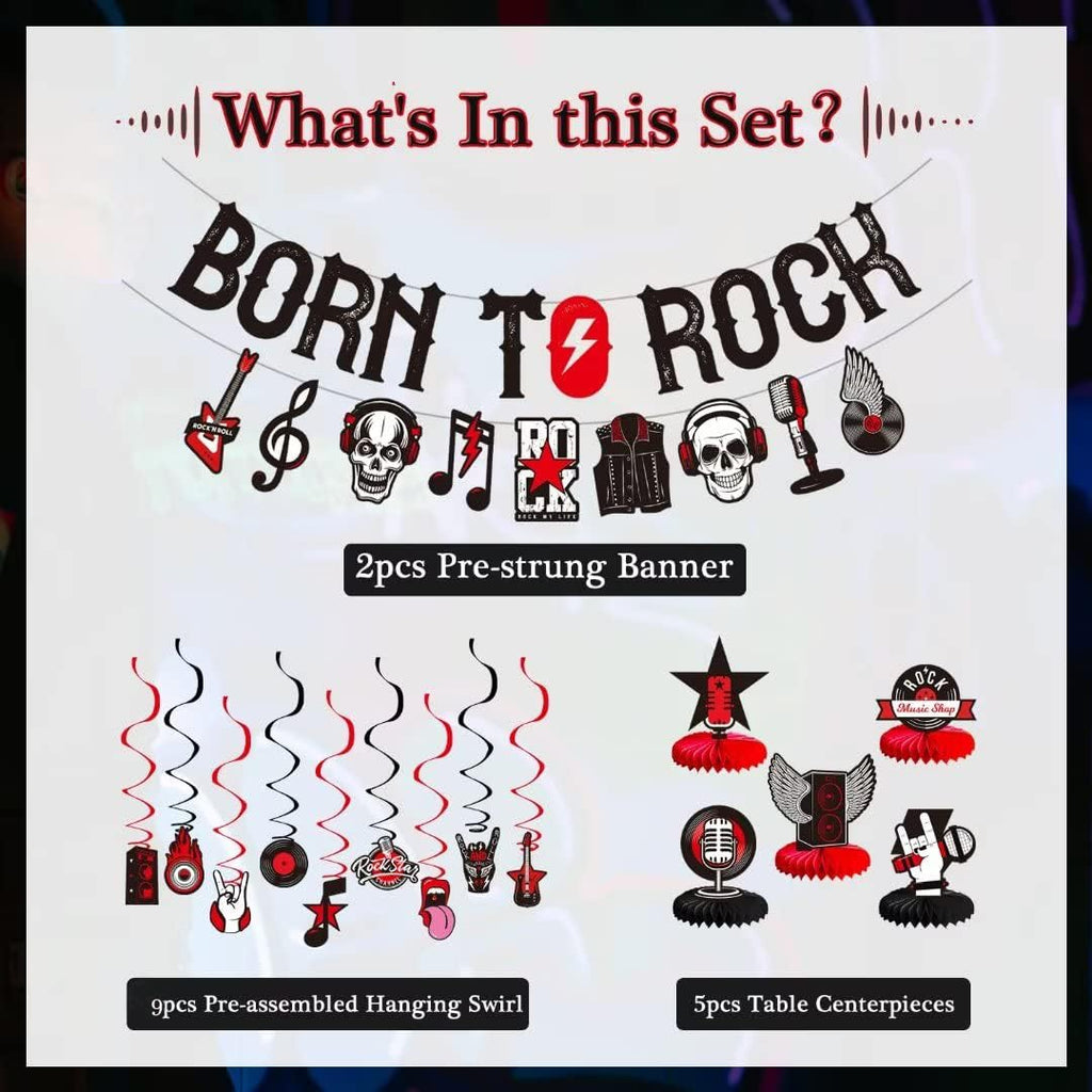 LARRAZABAL Rock and Roll Party Decorations Set - 25 Pieces with Born to Rock Banner, Foil Swirls & Honeycomb Centerpieces for Music-Themed Celebrations