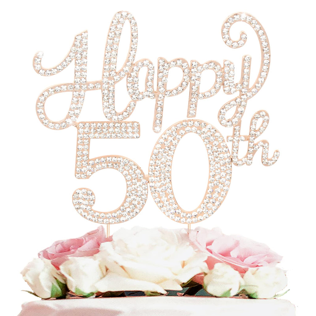 LASKYER 50th Birthday Gold Rhinestone Cake Topper – Cheers to Fifty Years, Metal Sparkly Keepsake