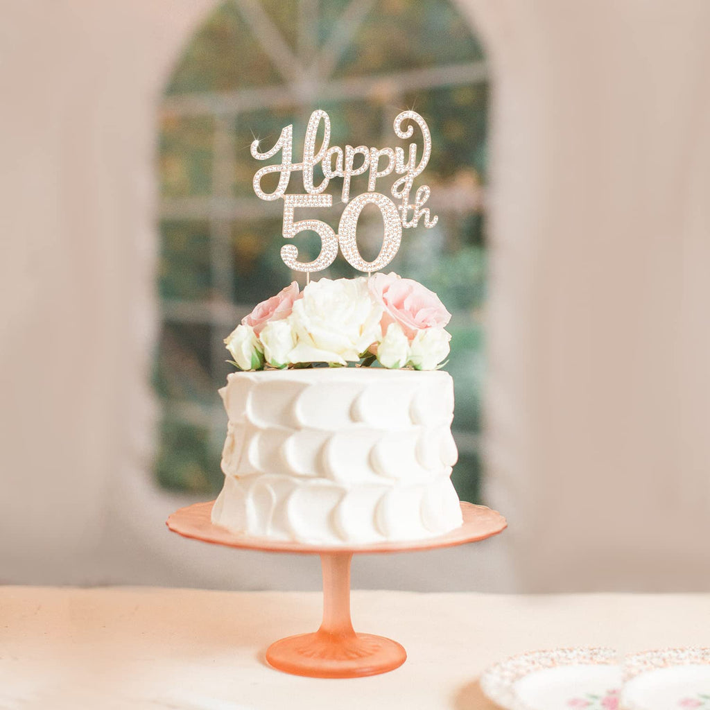 LASKYER 50th Birthday Gold Rhinestone Cake Topper – Cheers to Fifty Years, Metal Sparkly Keepsake