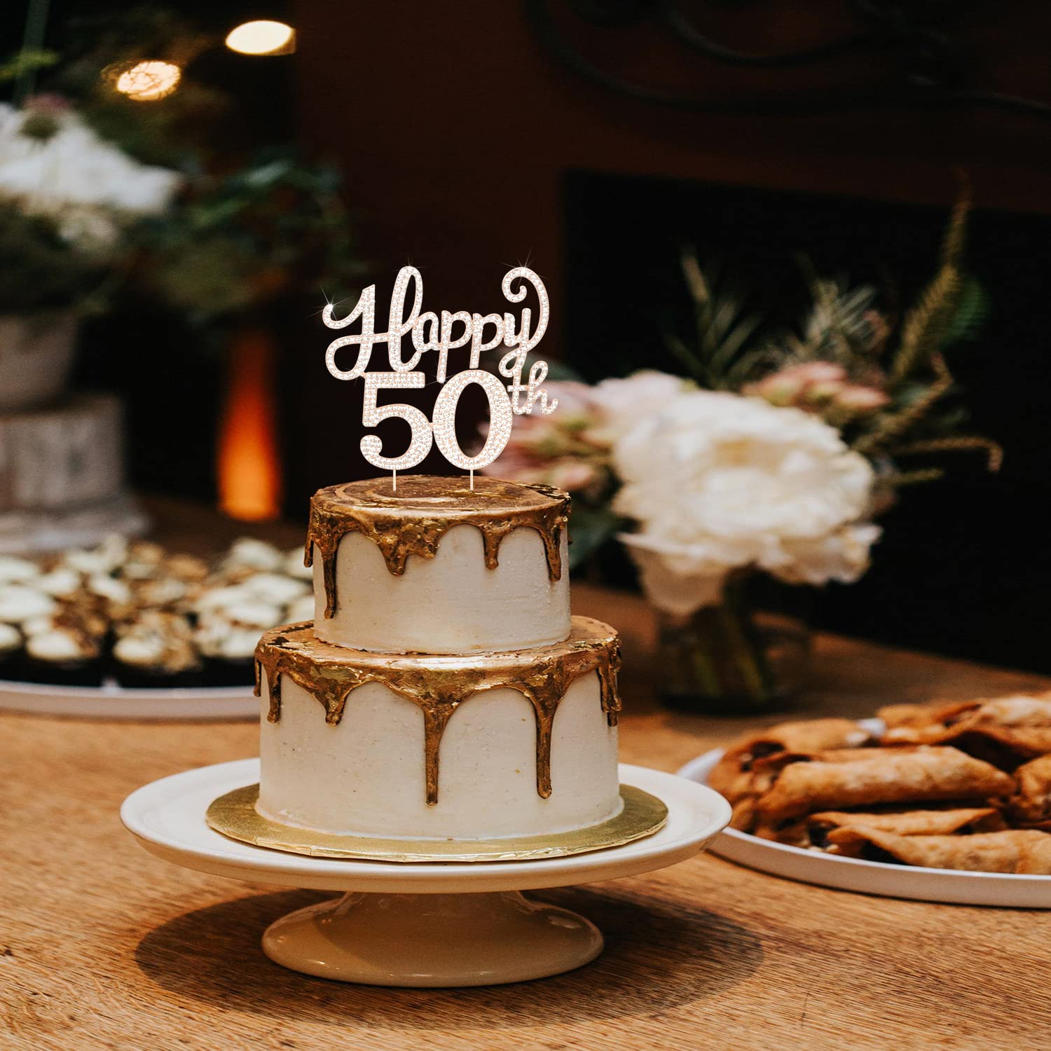 LASKYER 50th Birthday Gold Rhinestone Cake Topper – Cheers to Fifty Years, Metal Sparkly Keepsake