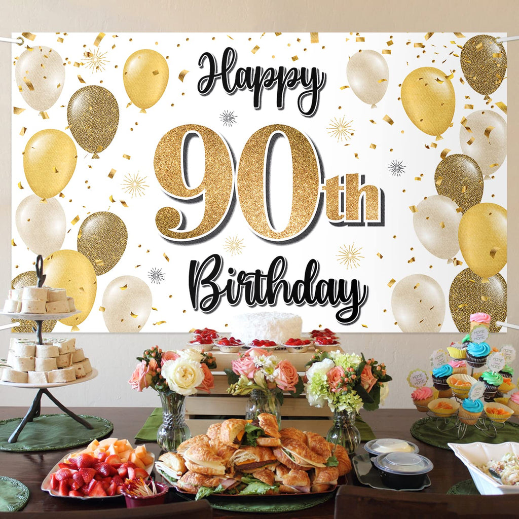 LASKYER 90th Birthday Banner Backdrop Set – Gold 78"x47" Polyester Oxford Fabric Decorations for Party