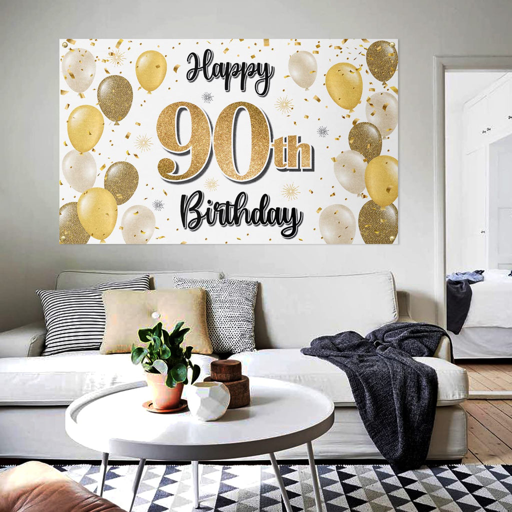 LASKYER 90th Birthday Banner Backdrop Set – Gold 78"x47" Polyester Oxford Fabric Decorations for Party