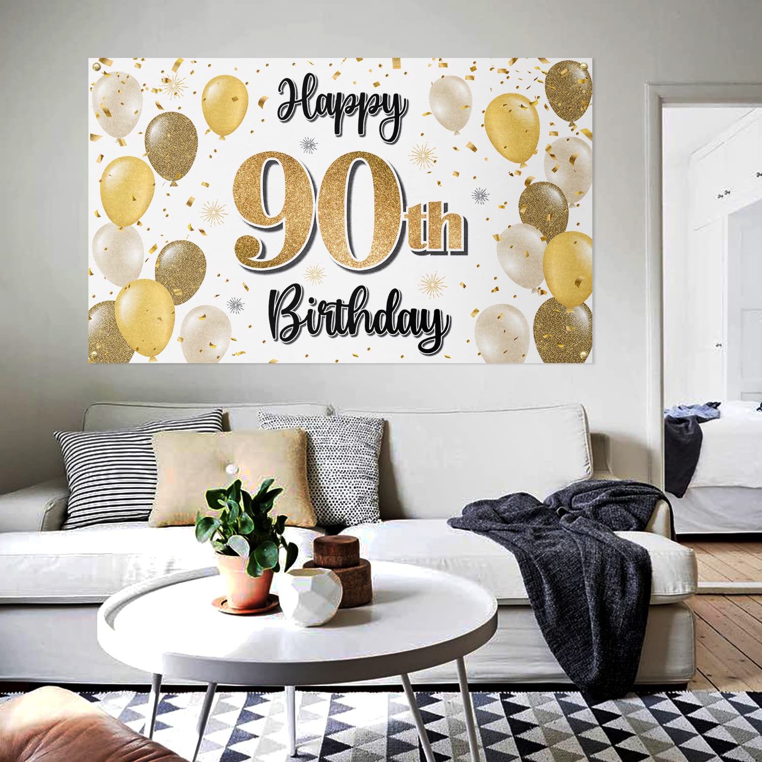 LASKYER 90th Birthday Banner Backdrop Set – Gold 78"x47" Polyester Oxford Fabric Decorations for Party