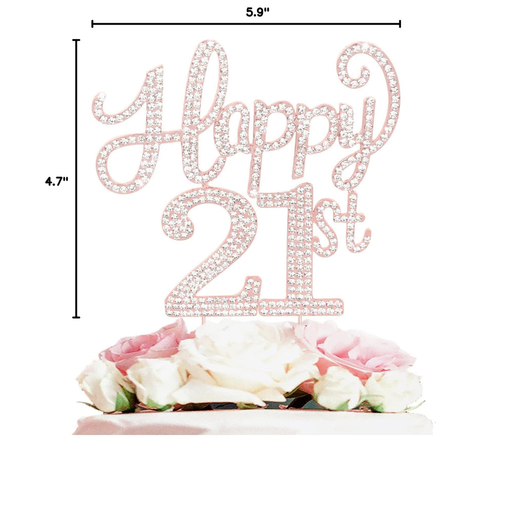 LASKYER Happy 21st Birthday Rose Gold Rhinestone Cake Topper – Keepsake Metal Decor for 21st Birthday Party