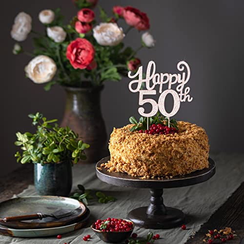 LASKYER Happy 50th Birthday Cake Topper – Rose Gold Rhinestone Metal Sign for 50th Birthday Party Decor