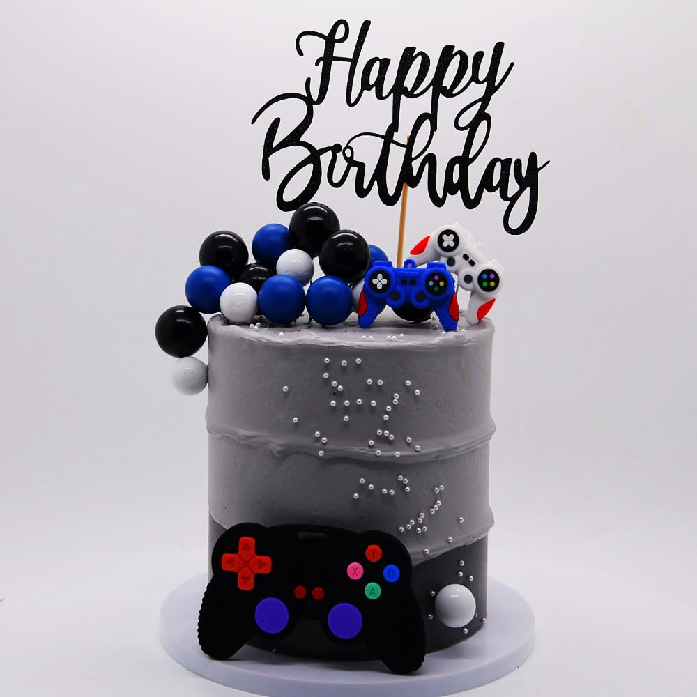 LAST HOE DOWN Video Game Cake Topper – Blue Controller, Balls & Happy Birthday Sign