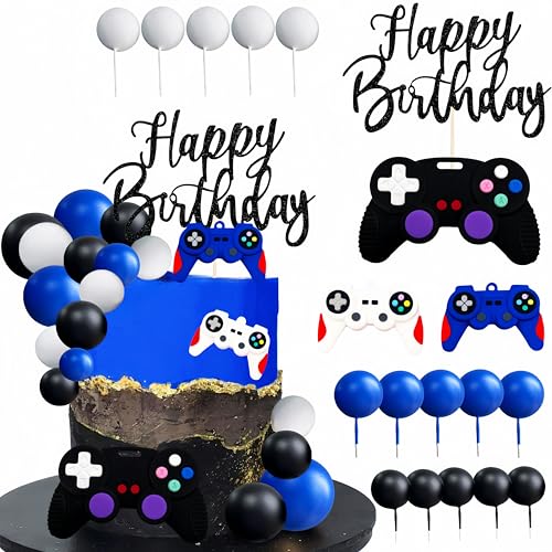 LAST HOE DOWN Video Game Cake Topper – Blue Controller, Balls & Happy Birthday Sign