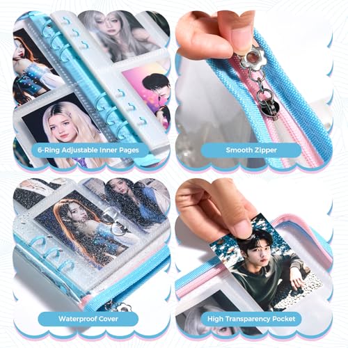 Laveminyx A5 Kpop Photocard Binder - 270 Slots, 50 Pages, Blue Glitter Zippered Album