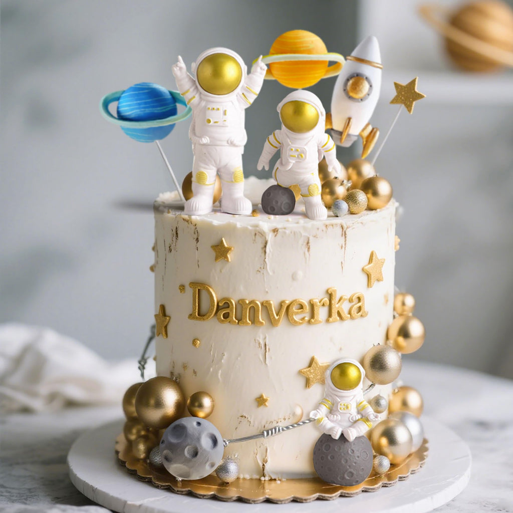 LaVenty Outer Space Cake Toppers – Astronaut, Rocket, and Planet Decorations for Birthday and Baby Shower