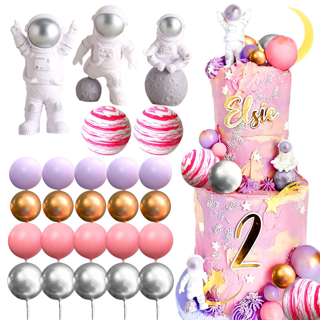 LaVenty Pink Space Cake Toppers – Mini Astronaut Figures and Decorative Balls for Outer Space Theme Parties